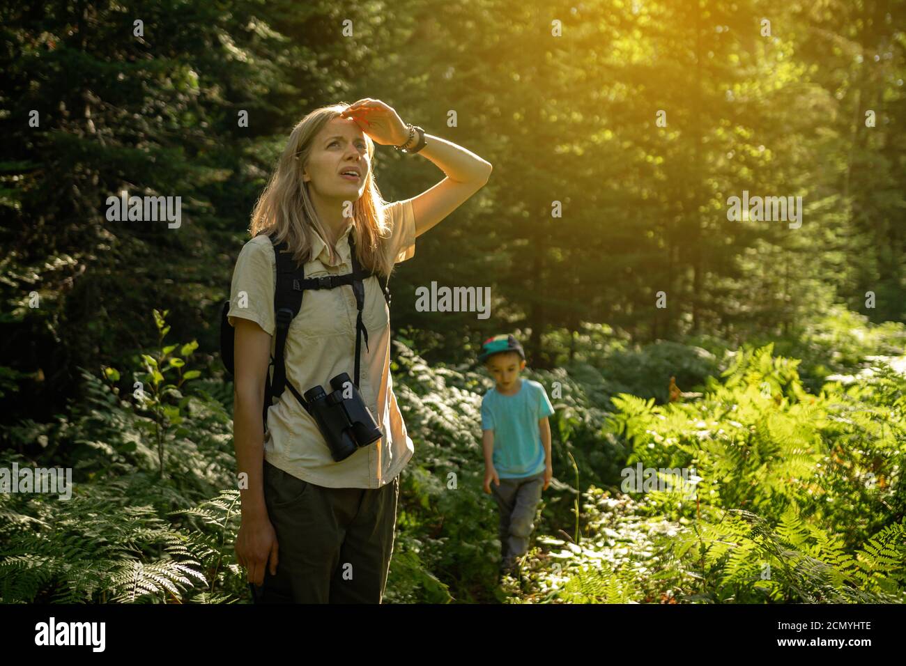 Mother and son, hiking and bird watching in Voyageurs National Park, Minnesota Stock Photo