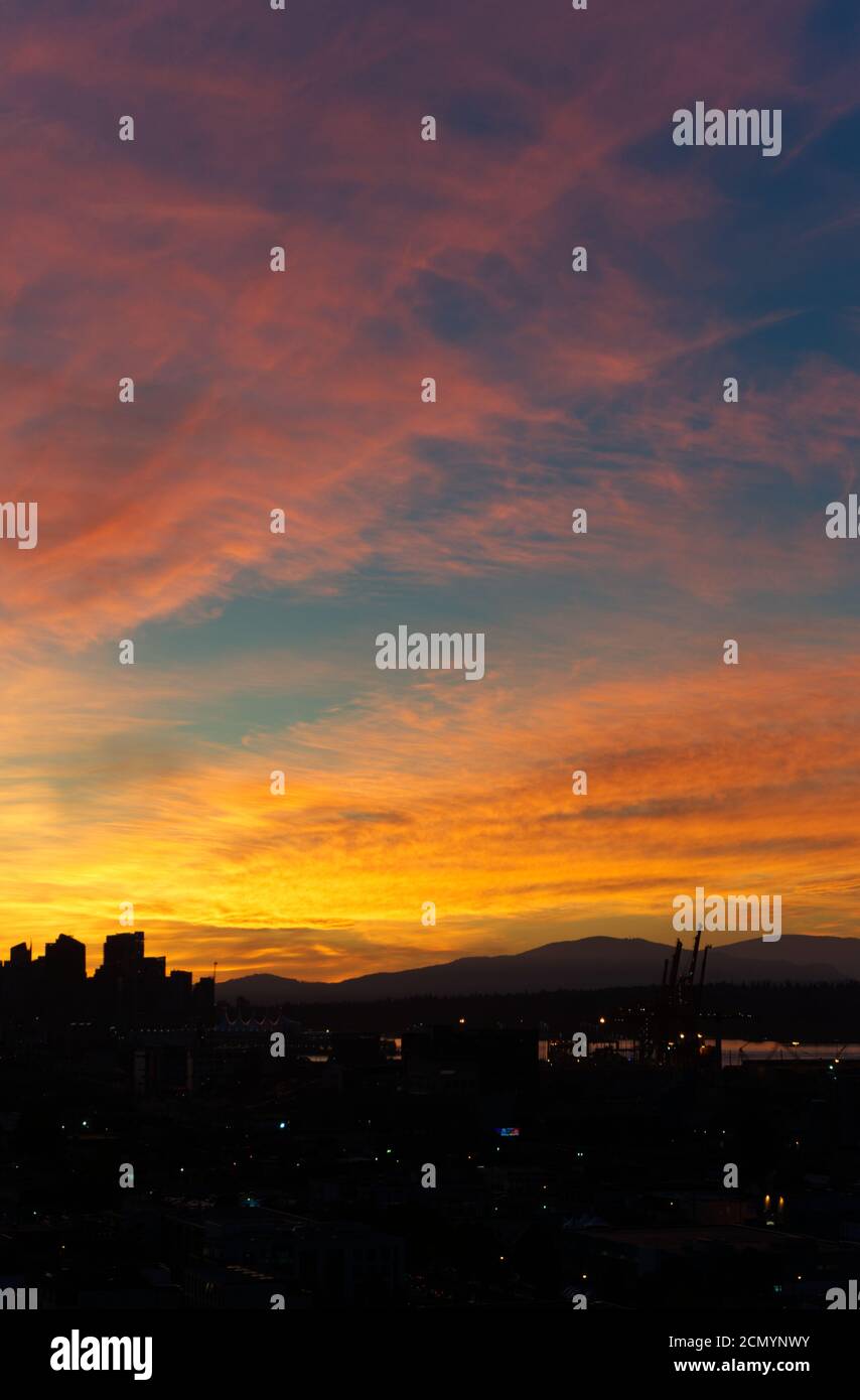 Vancouver Orange sunset, Orange Spray, Vancouver BC Canada Stock Photo