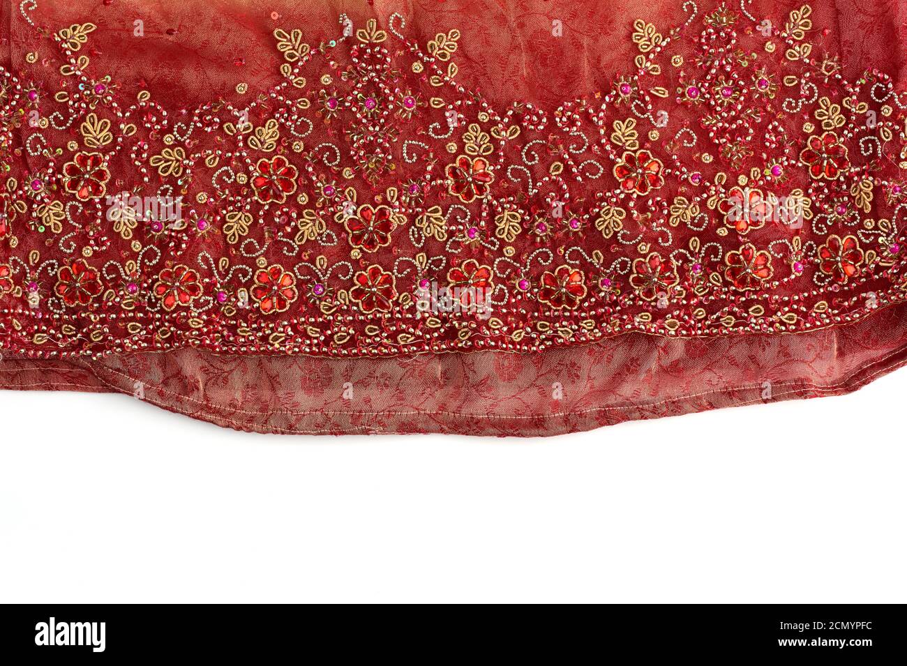 red tulle with sewn red round sequins and embroidered bead pattern Stock Photo