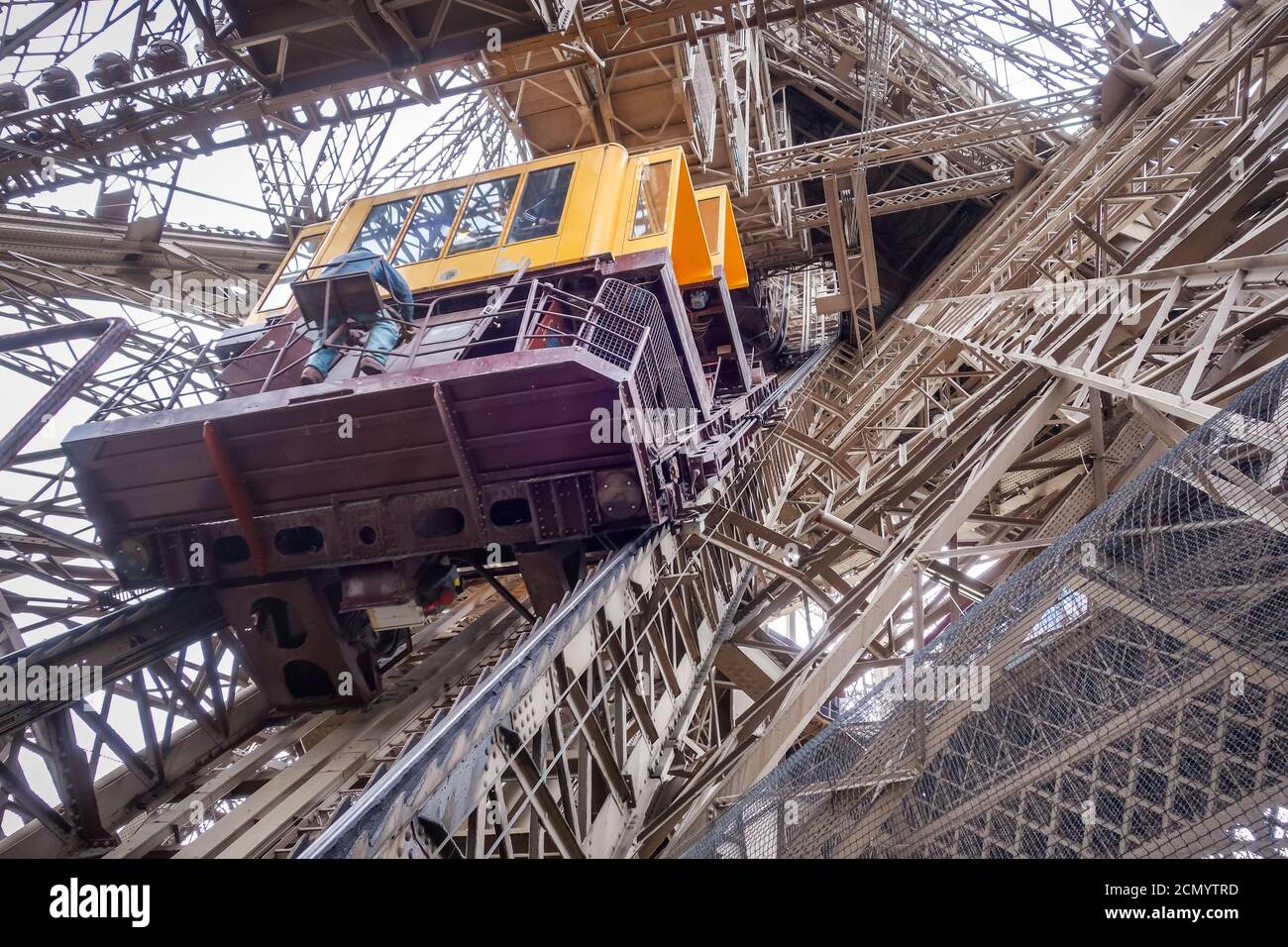 Eiffel Tower structure and elevator, Paris, France Stock Photo