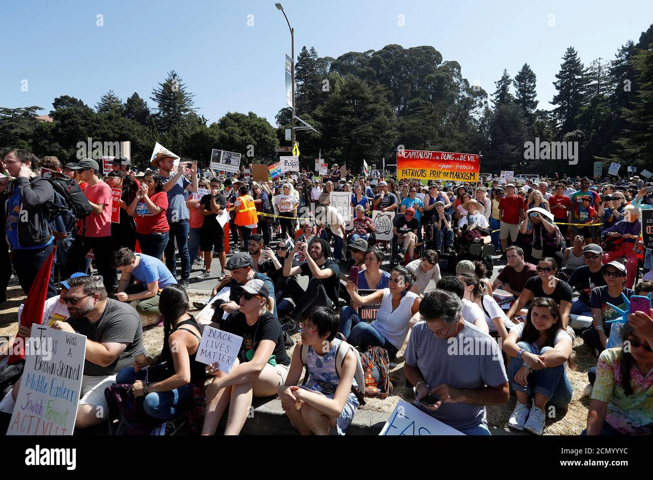 Demonstrators gather at the Bay Area Rally Against Hate counter-protest against the cancelled No Marxism in America rally in Berkeley, California, U.S. August 27, 2017. REUTERS/Stephen Lam Stock Photo