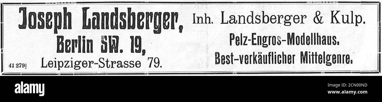 Josef Landsberger Berlin S. W. 19 Leipziger Straße 79 Anzeige (1912). Stock Photo