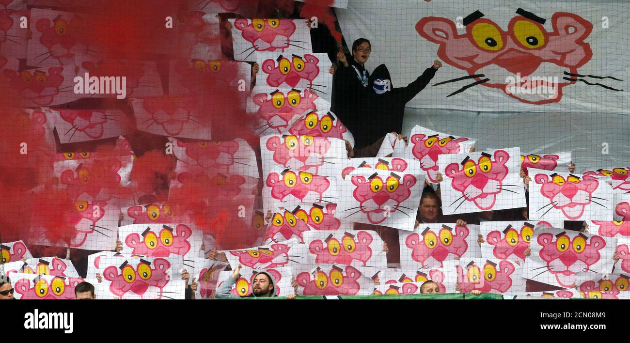 Fans of Grasshopper Club (GC) hold lighted flares while others display  posters showing the cartoon character Pink Panther before a Swiss Super  League soccer match against FC Luzern in Lucerne April 21,