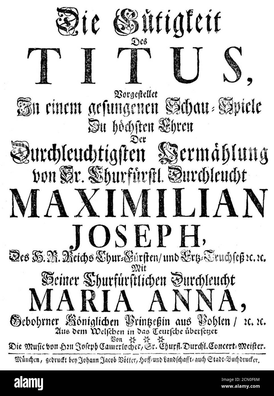 Joseph Anton Camerloher - La Clemenza di Tito - german titlepage of the libretto - Munich 1747. Stock Photo
