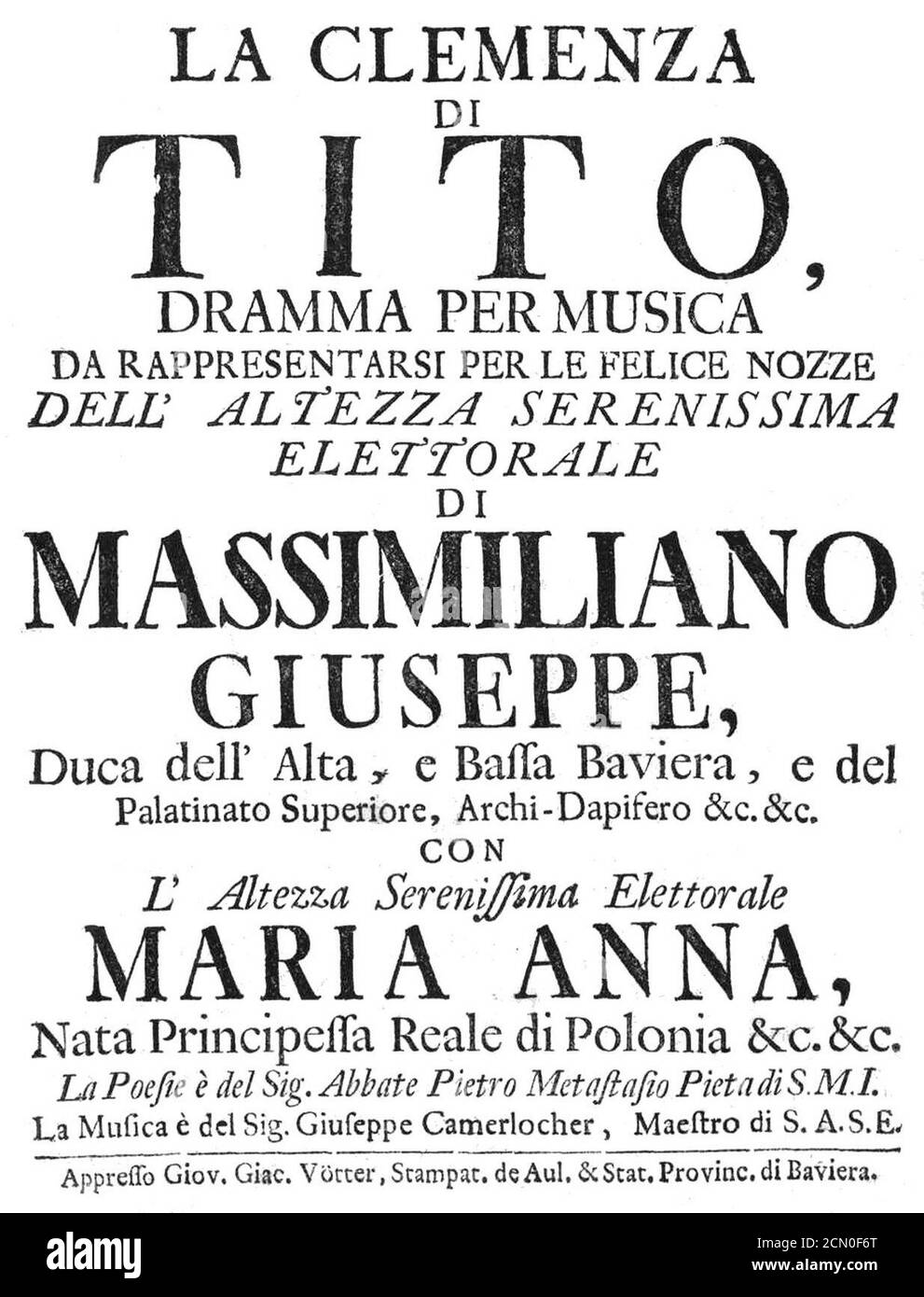 Joseph Anton Camerloher - La Clemenza di Tito - italian titlepage of the libretto - Munich 1747. Stock Photo