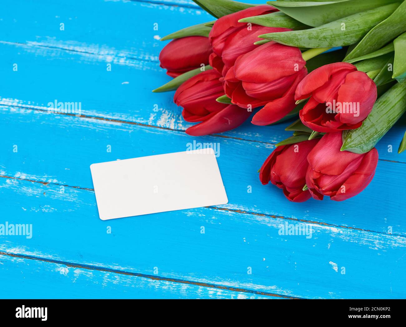 bouquet of red blooming tulips with green stems and leaves, flowers lie ...