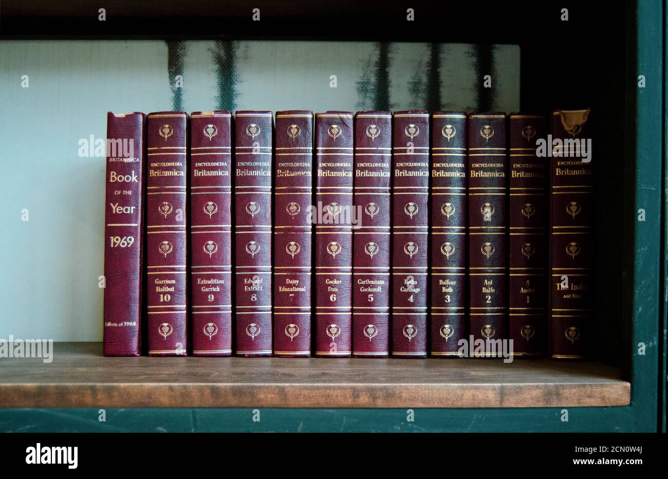 A row of vintage encyclopedia Britannica books on the shelf. Stock Photo