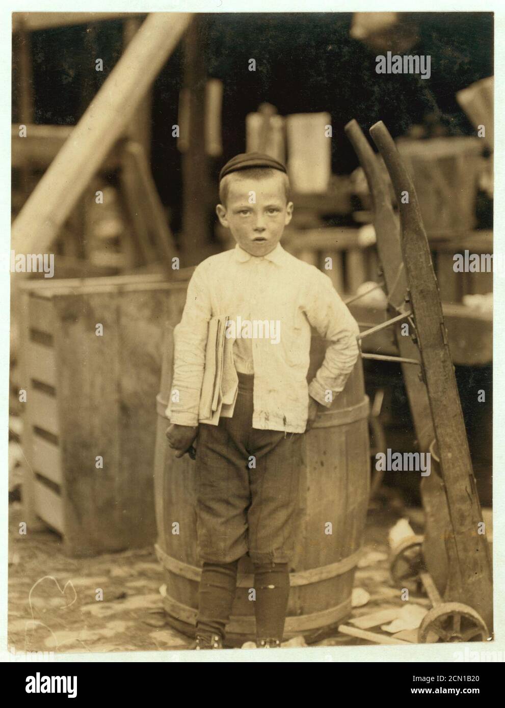 Joseph Wench, newsboy, 315 W. 2nd St. 7 years of age. Selling papers 2 years Average earnings 50 cents per week. Selling papers own choice. Earnings not needed at home. Visits saloons. Works Stock Photo