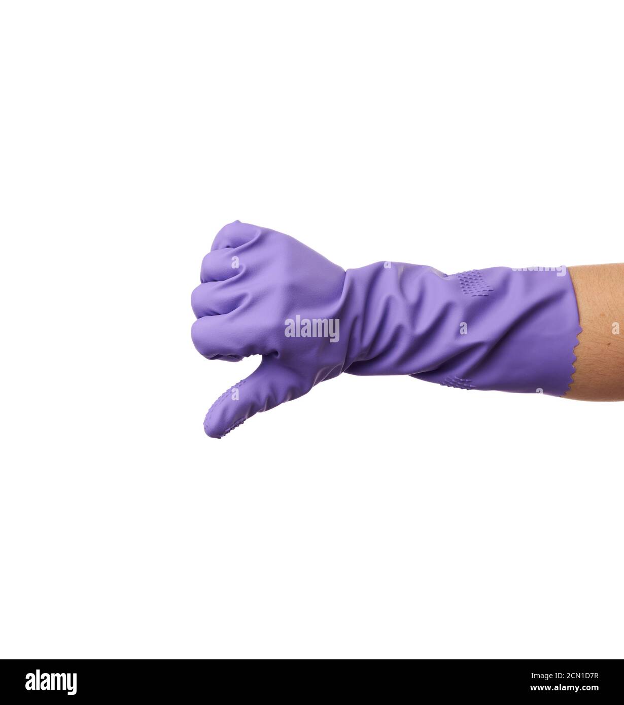 purple rubber glove for cleaning is dressed on the hand, protection of