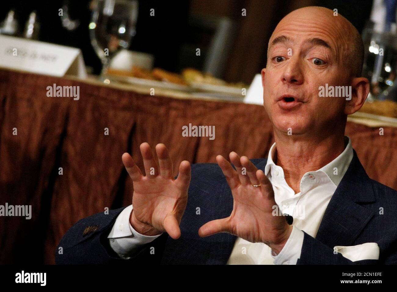 Amazon CEO Jeff Bezos addresses the Economic Club of New York in New