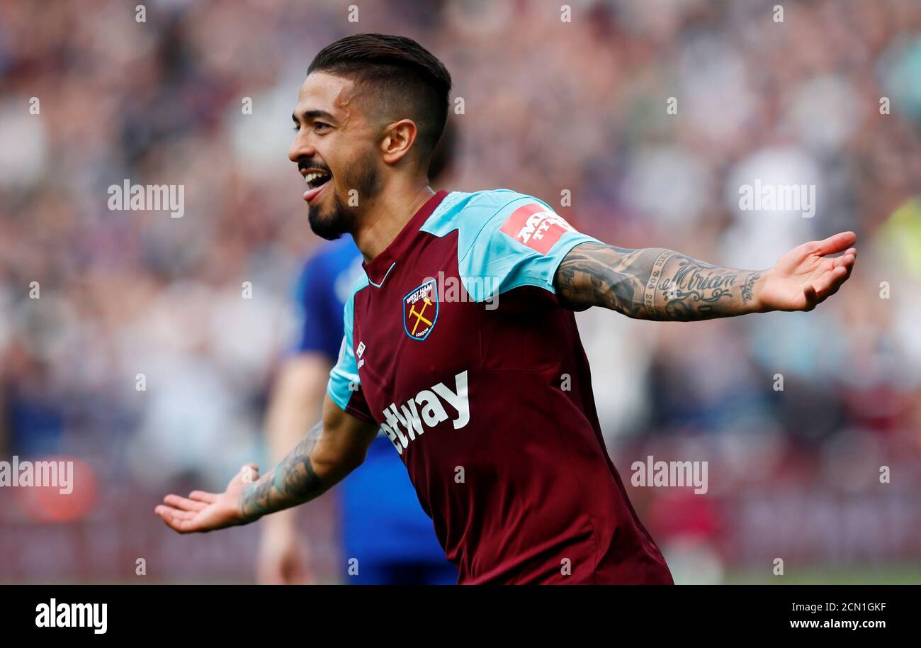Soccer Football - Premier League - West Ham United vs Everton - London Stadium, London, Britain - May 13, 2018   West Ham United's Manuel Lanzini celebrates scoring their first goal   REUTERS/Eddie Keogh    EDITORIAL USE ONLY. No use with unauthorized audio, video, data, fixture lists, club/league logos or 'live' services. Online in-match use limited to 75 images, no video emulation. No use in betting, games or single club/league/player publications.  Please contact your account representative for further details. Stock Photo
