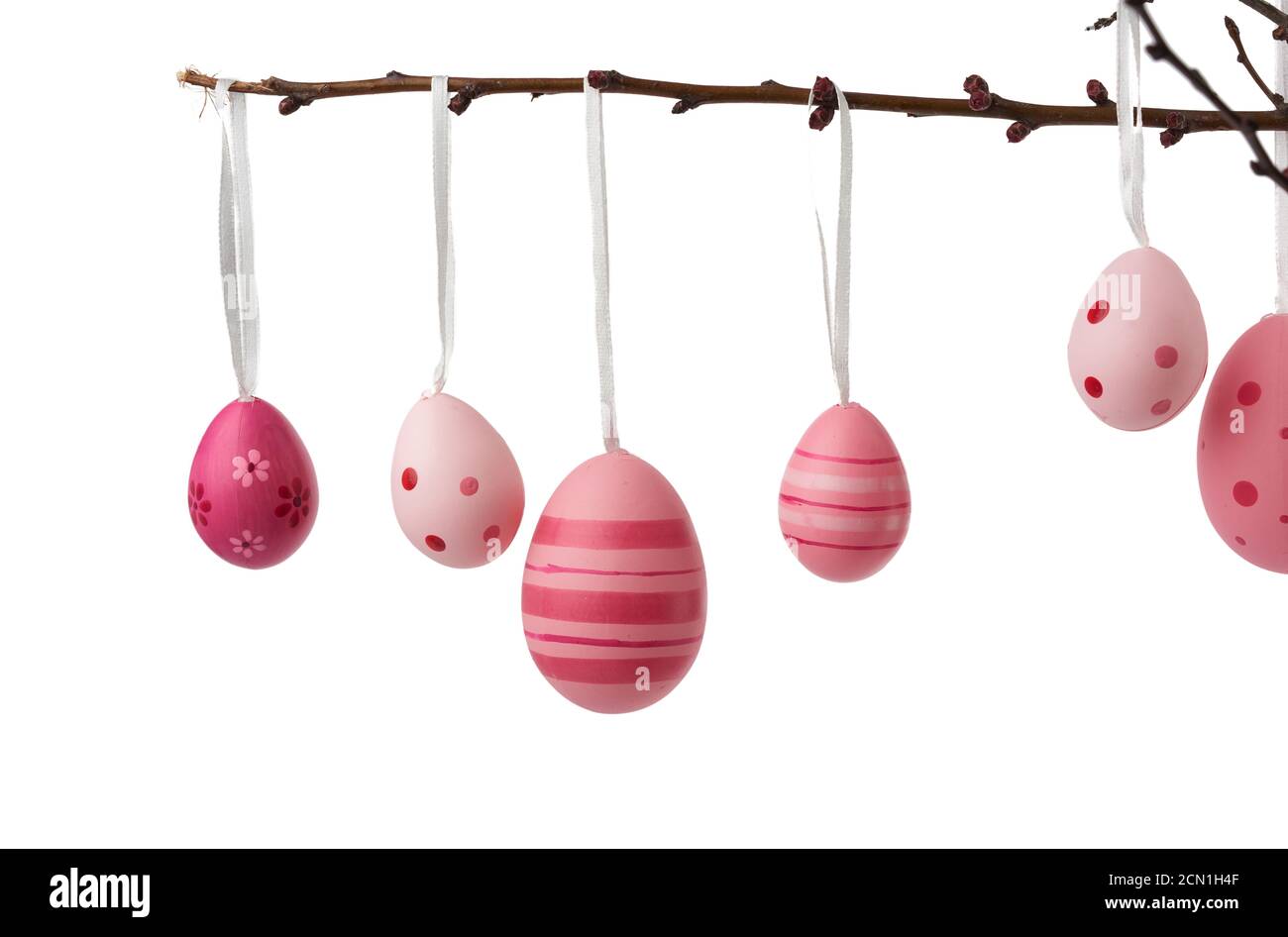 decorative plastic pink easter eggs hanging on a branch Stock Photo