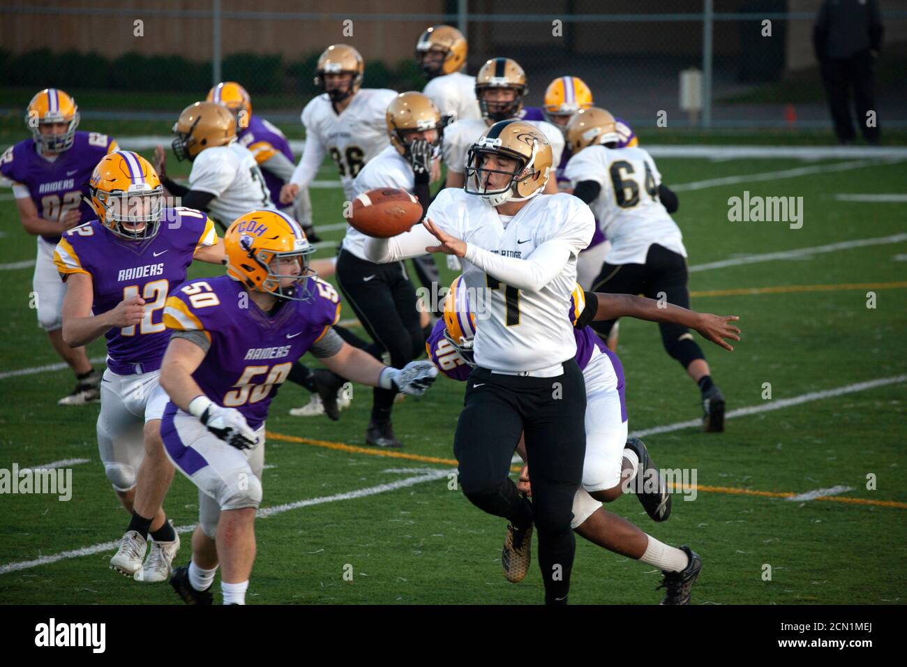 Quarterback trying to pass football, but soon to be tackled by defense in a  high school football game. St Paul Minnesota MN USA Stock Photo - Alamy
