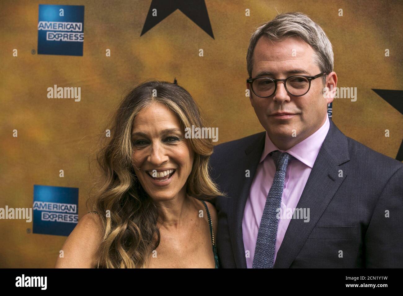 Actress Sarah Jessica Parker arrives with her husband, Matthew Broderick, for the opening night of the musical play 'Hamilton,' on Broadway in New York August 6, 2015.  REUTERS/Lucas Jackson Stock Photo