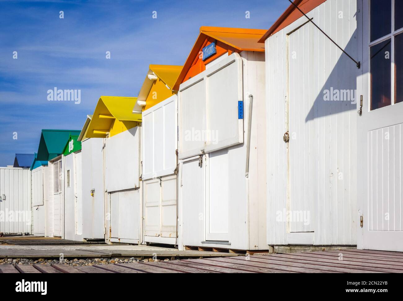 Beach Huts in Le-Treport, Normandy, France Stock Photo