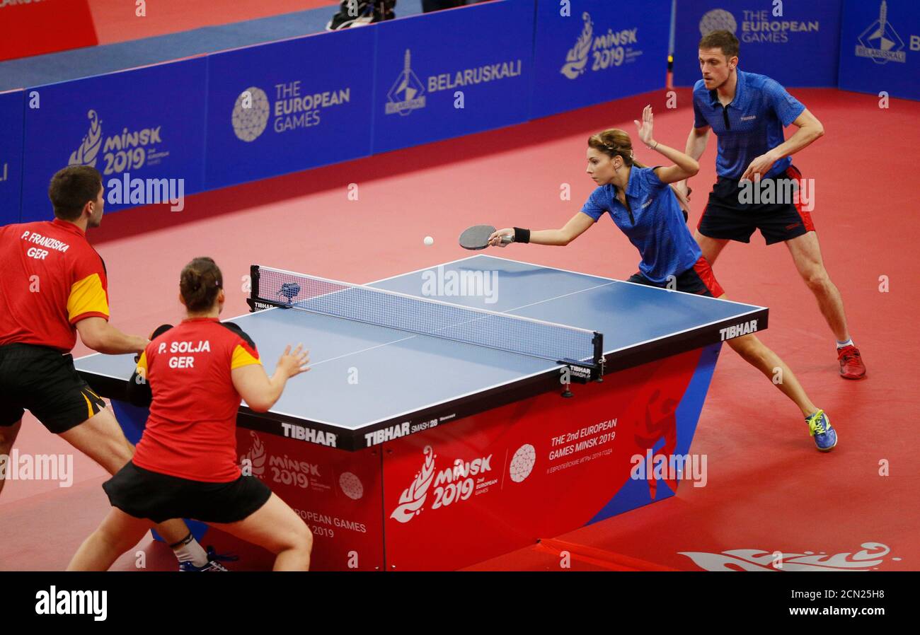 2019 European Games - Table Tennis - Mixed Doubles - Tennis Olympic Centre,  Minsk, Belarus - June 25, 2019. Romania's Ovidiu Ionescu and Bernadette  Szocs in action during the gold medal match
