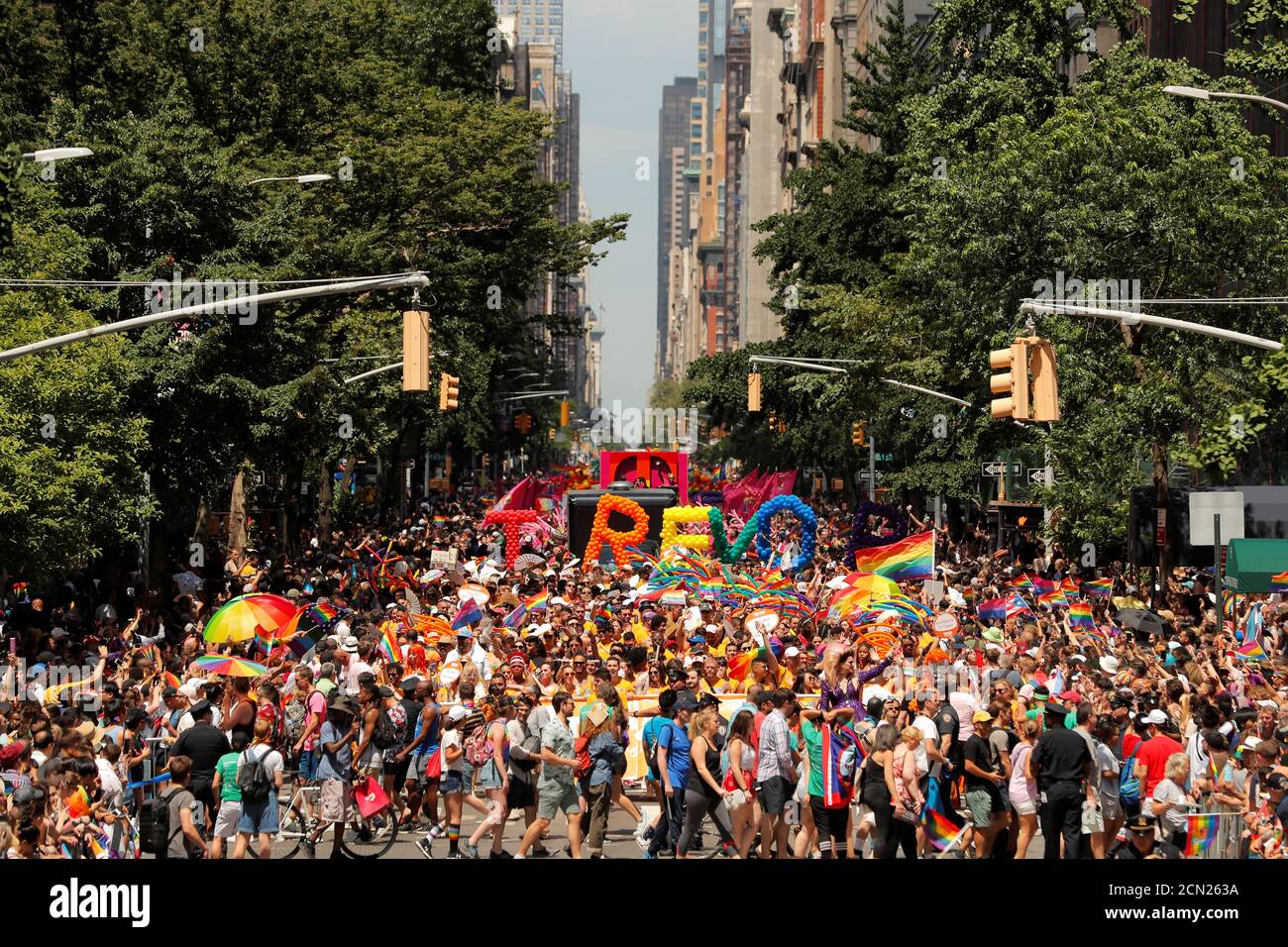 People march down 5th Avenue in Manhattan during the 2019 World Pride NYC and Stonewall 50th LGBTQ Pride parade in New York, U.S., June 30, 2019.  REUTERS/Lucas Jackson Stock Photo