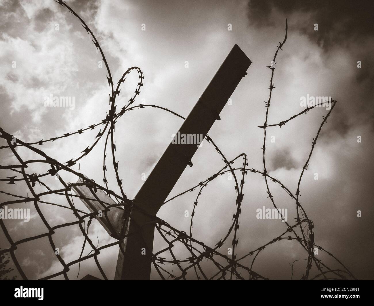 Barbed wire fence black and white picture Stock Photo - Alamy
