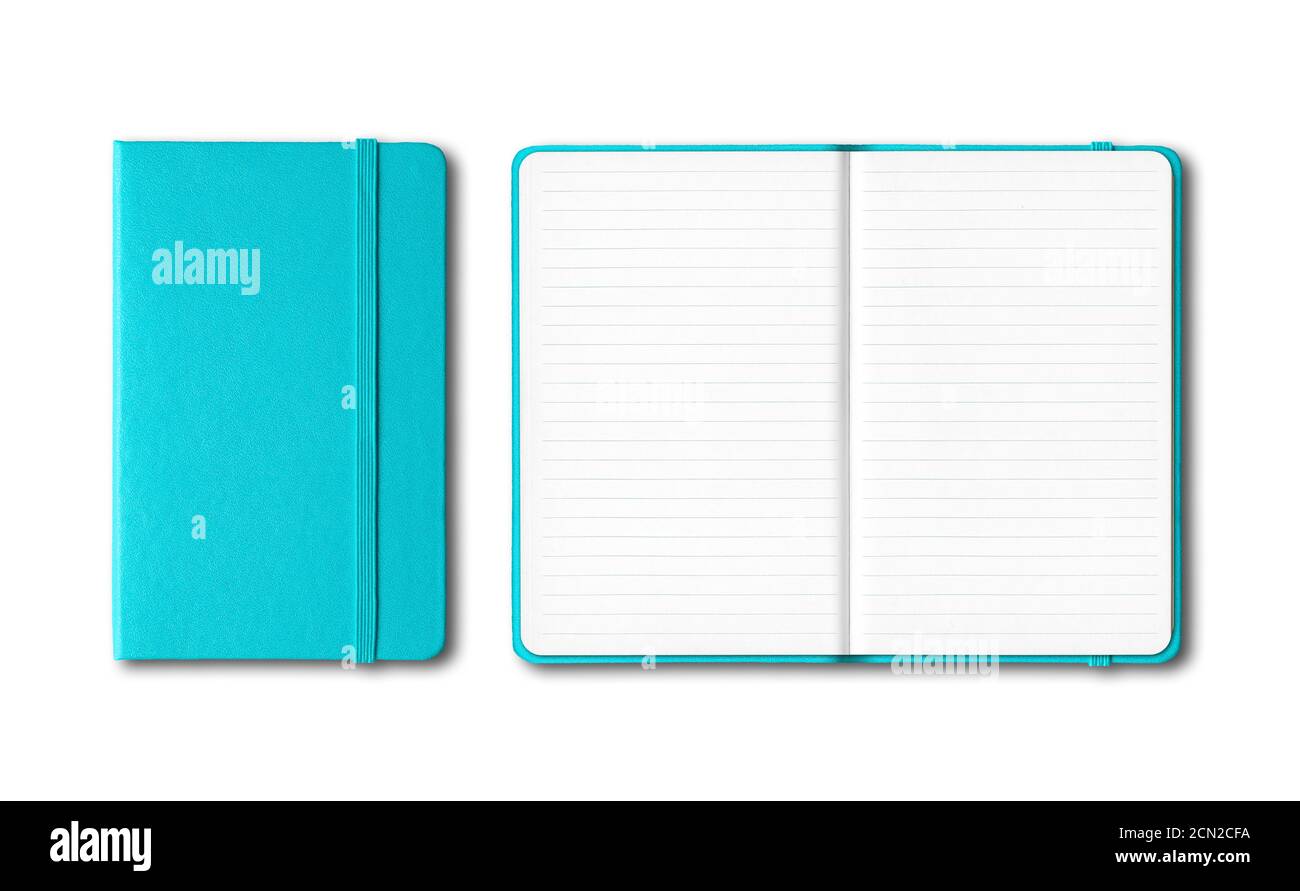 Aqua blue closed and open lined notebooks isolated on white Stock Photo