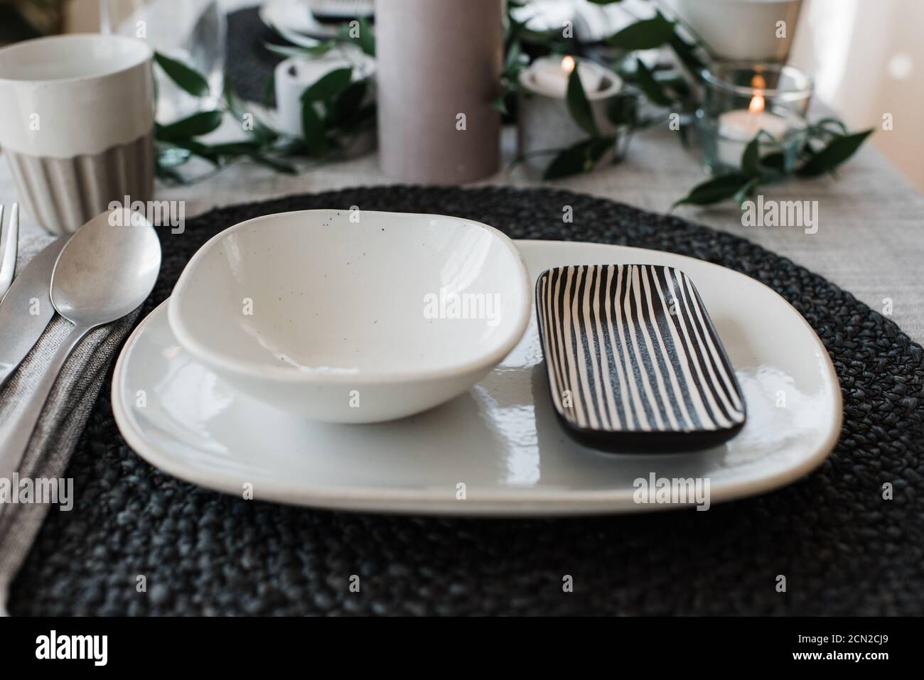 dinner plates on a romantic table setting for two Stock Photo