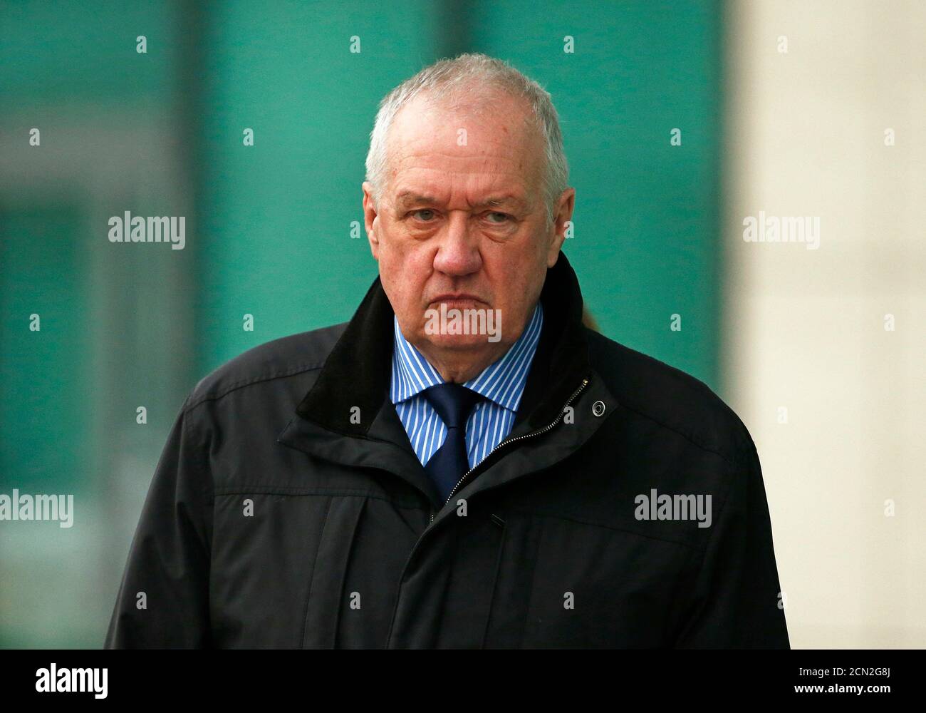 Former Chief Superintendent of South Yorkshire Police, David Duckenfield, leaves after giving evidence to the Hillsborough Inquest in Warrington, northern England March 12, 2015. Duckenfield was match commander at the 1989 Hillsborough disaster, that claimed the lives of 96 men, women and children.  REUTERS/Phil Noble/File Photo Stock Photo