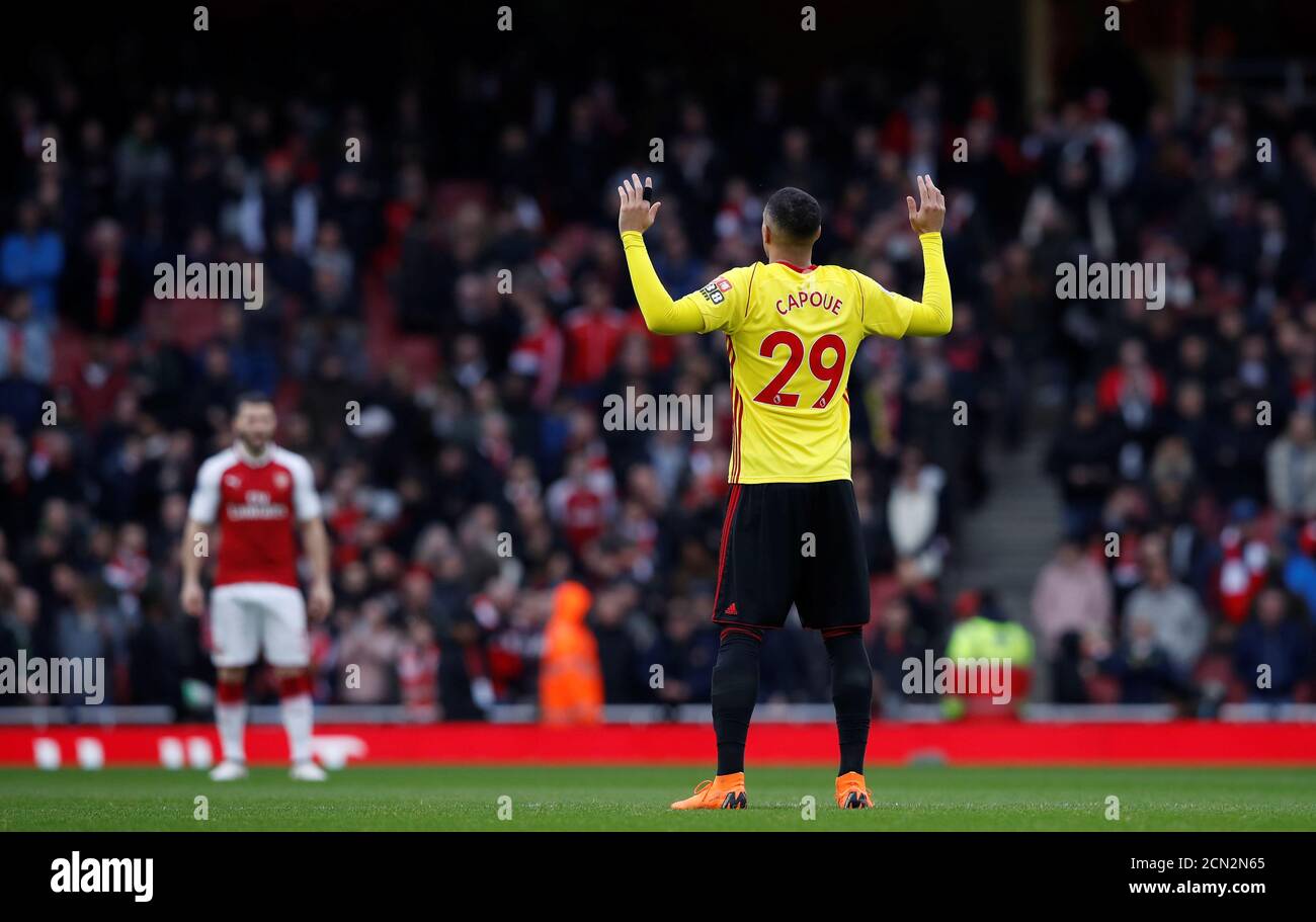 Soccer Football - Premier League - Arsenal vs Watford - Emirates Stadium, London, Britain - March 11, 2018 Watford's Etienne Capoue before the match REUTERS/Eddie Keogh EDITORIAL USE ONLY. No use with unauthorized audio, video, data, fixture lists, club/league logos or "live" services. Online in-match use limited to 75 images, no video emulation. No use in betting, games or single club/league/player publications. Please contact your account representative for further details. Stock Photo