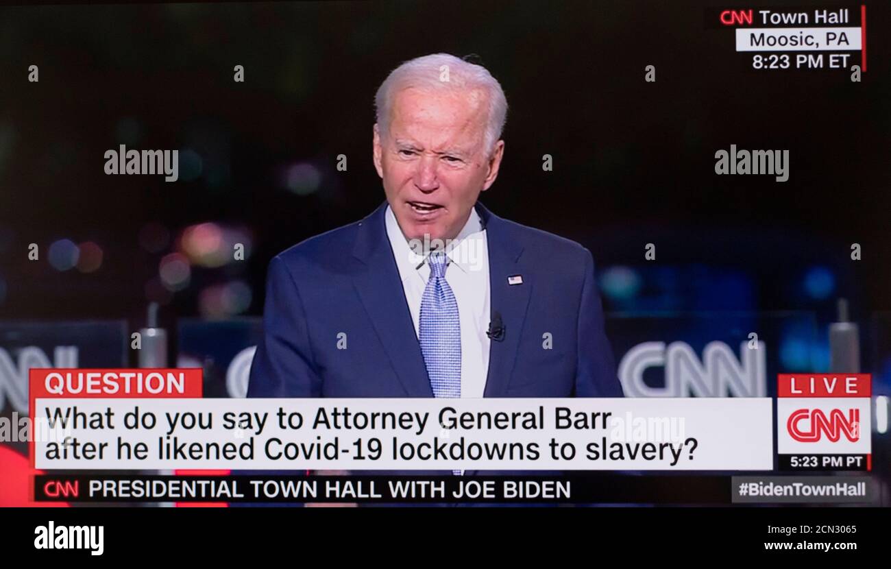 Moosic, Pennsylvania, USA. 17th Sep, 2020. Screen grab from the CNN Town Hall with Democratic nominee for president, JOE BIDEN. Moderated by Anderson Cooper, and taking place in the parking lot of PNC Field with social distance protocols in place for the 35 cars and 100 people, Vice President Biden fielded questions on a variety of subjects on the minds of Pennsylvania voters. Credit: Cnn/ZUMA Wire/Alamy Live News Stock Photo
