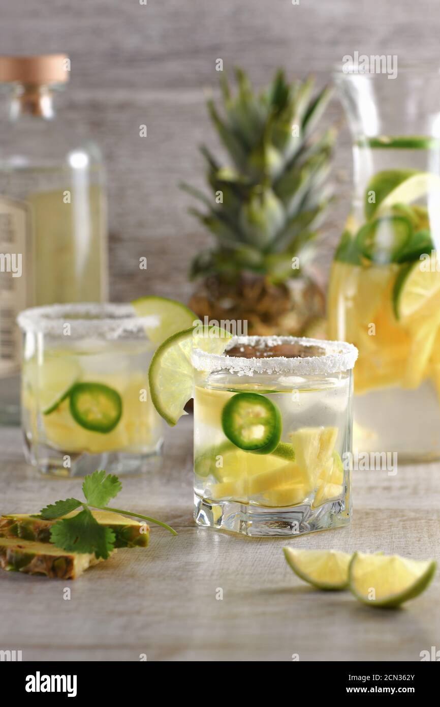 Spicy Margarita. Tequila Infused on Slices of Fresh Pineapple, Lime