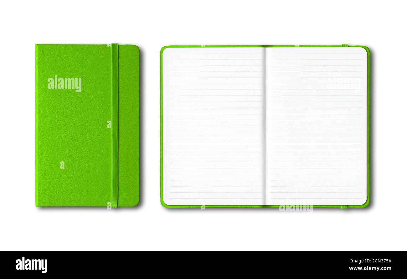 Green closed and open lined notebooks isolated on white Stock Photo