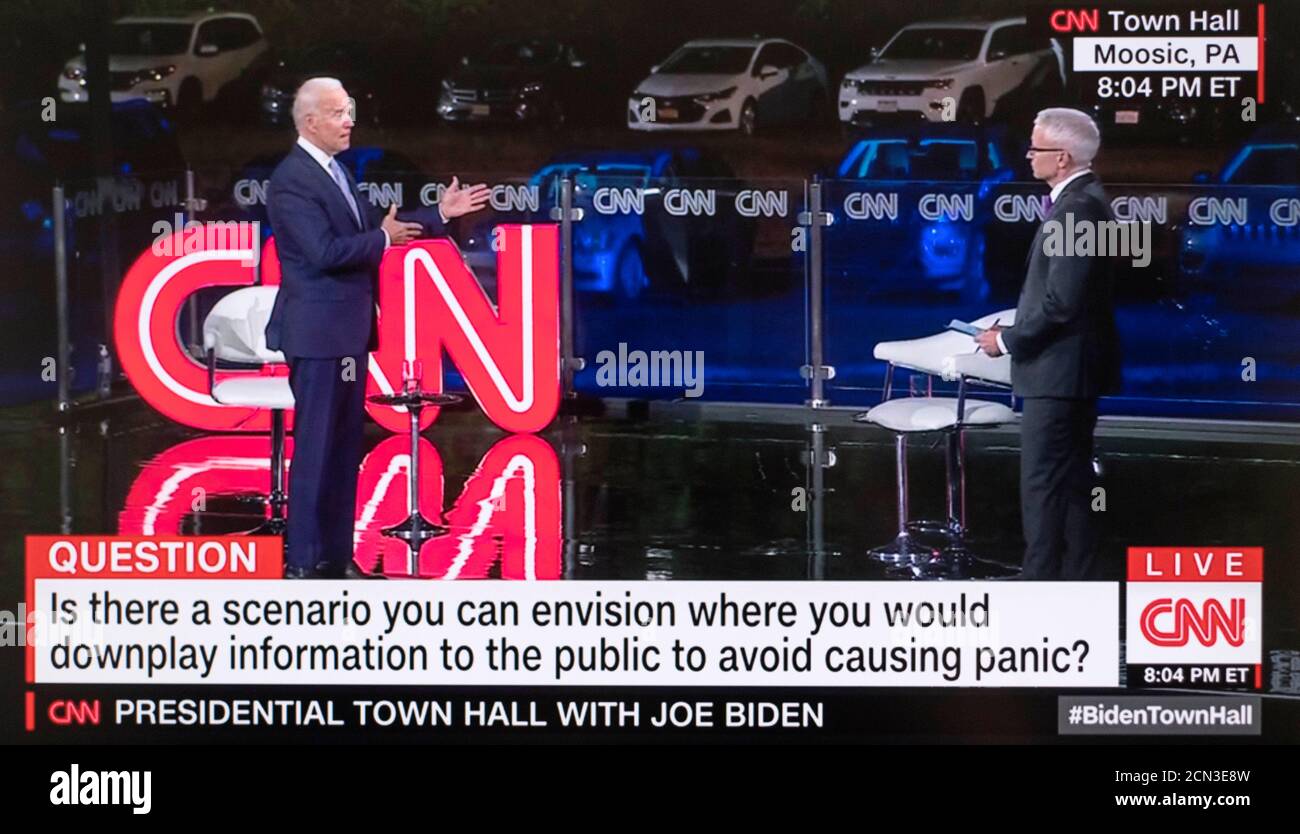 Moosic, Pennsylvania, USA. 17th Sep, 2020. Screen grab from the CNN Town Hall with Democratic nominee for president, JOE BIDEN. Moderated by ANDERSON COOPER, and taking place in the parking lot of PNC Field with social distance protocols in place for the 35 cars and 100 people, Vice President Biden fielded questions on a variety of subjects on the minds of Pennsylvania voters. Credit: Cnn/ZUMA Wire/Alamy Live News Stock Photo