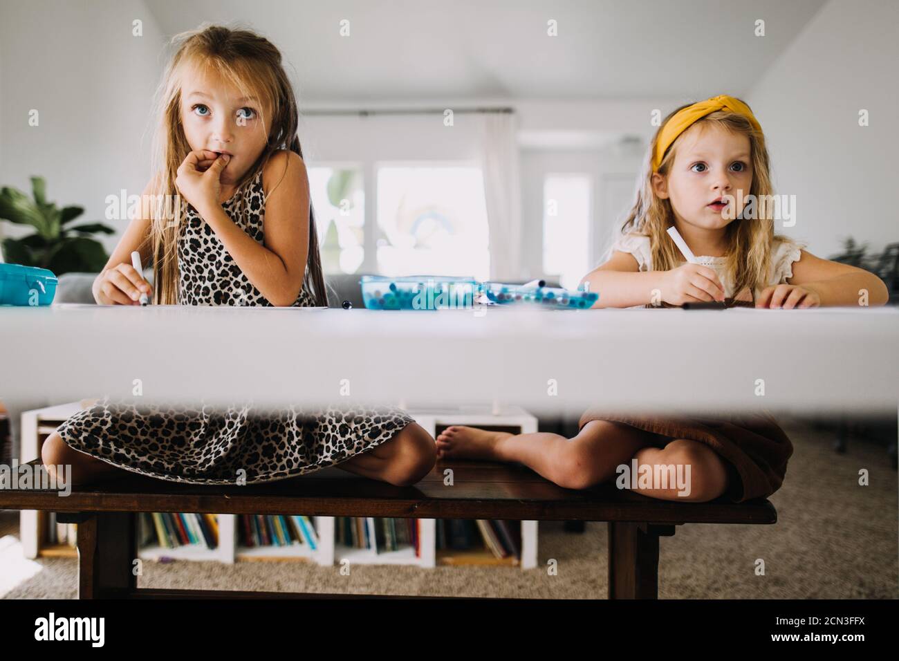 Two girls doing distance learning homework and watching teacher online Stock Photo