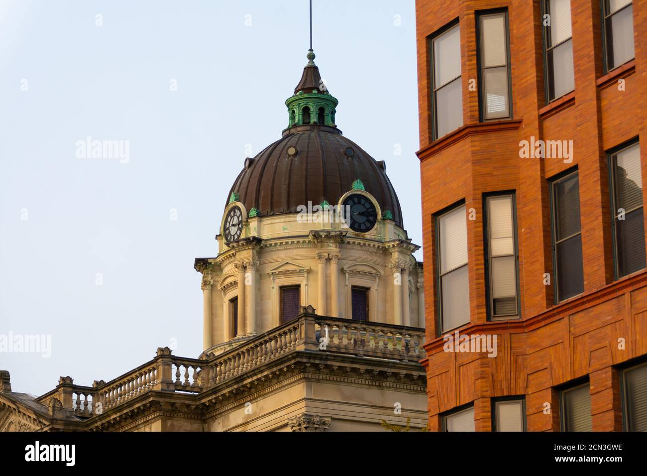 The Old Mclean County Courthouse as the sun rises in the city.  Bloomington, Illinois, USA Stock Photo
