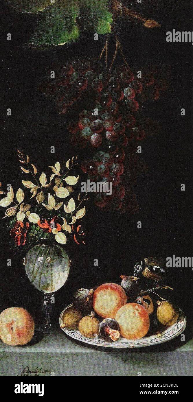 Juan van der Hamen y León - Fruchtteller, hängende Trauben und Blumenvase. Stock Photo