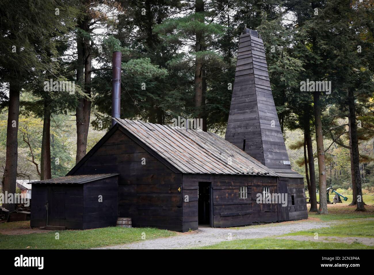 An exact replica of Edwin Drake's engine house and derrick that encloses the original 1859 well that launched the modern petroleum industry at the Drake Well Museum and Park in Titusville, Pennsylvania U.S., October 5, 2017. REUTERS/Brendan McDermid Stock Photo