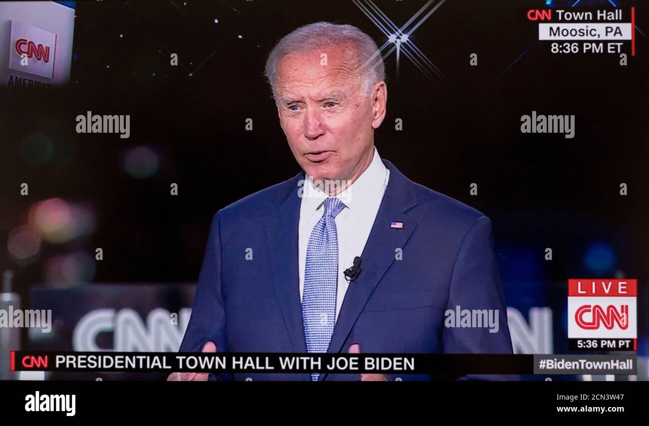 Moosic, Pennsylvania, USA. 17th Sep, 2020. Screen grab from the CNN Town Hall with Democratic nominee for president, JOE BIDEN. Moderated by Anderson Cooper, and taking place in the parking lot of PNC Field with social distance protocols in place for the 35 cars and 100 people, Vice President Biden fielded questions on a variety of subjects on the minds of Pennsylvania voters. Credit: Cnn/ZUMA Wire/Alamy Live News Stock Photo
