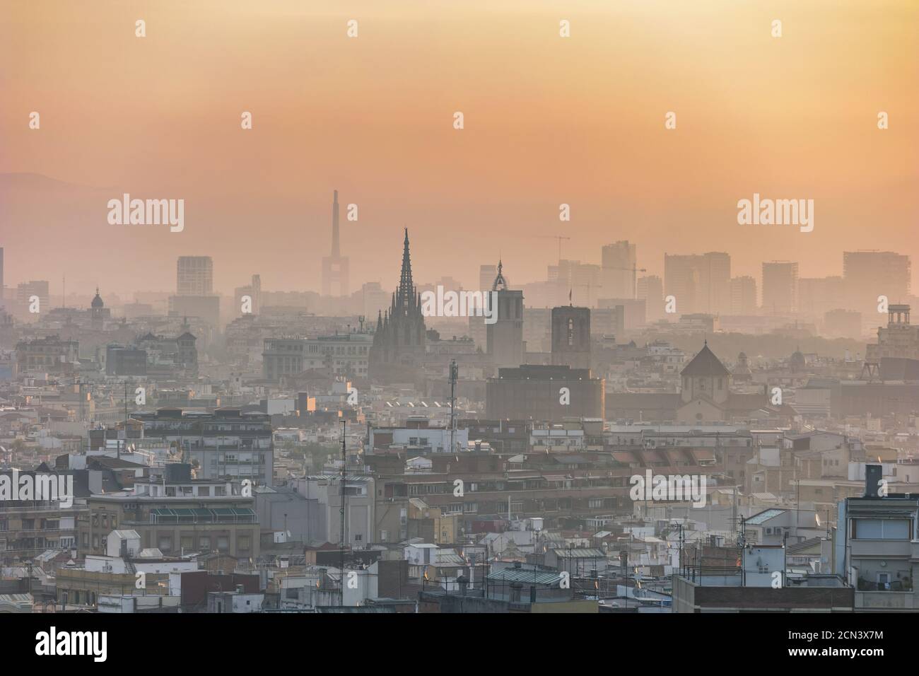 Barcelona Spain, aerial view sunrise city skyline at city center Stock ...