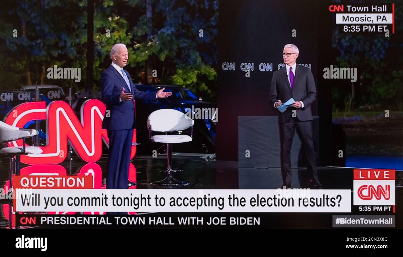 Moosic, Pennsylvania, USA. 17th Sep, 2020. Screen grab from the CNN Town Hall with Democratic nominee for president, JOE BIDEN. Moderated by ANDERSON COOPER, and taking place in the parking lot of PNC Field with social distance protocols in place for the 35 cars and 100 people, Vice President Biden fielded questions on a variety of subjects on the minds of Pennsylvania voters. Credit: Cnn/ZUMA Wire/Alamy Live News Stock Photo