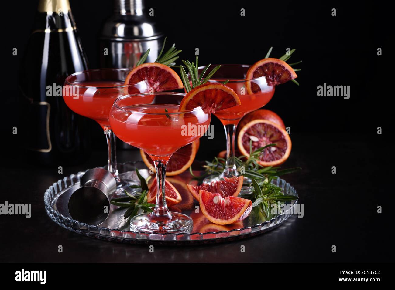 Bloody orange citrus champagne cocktail. Delicious, classy drink that everyone at your   party will Stock Photo
