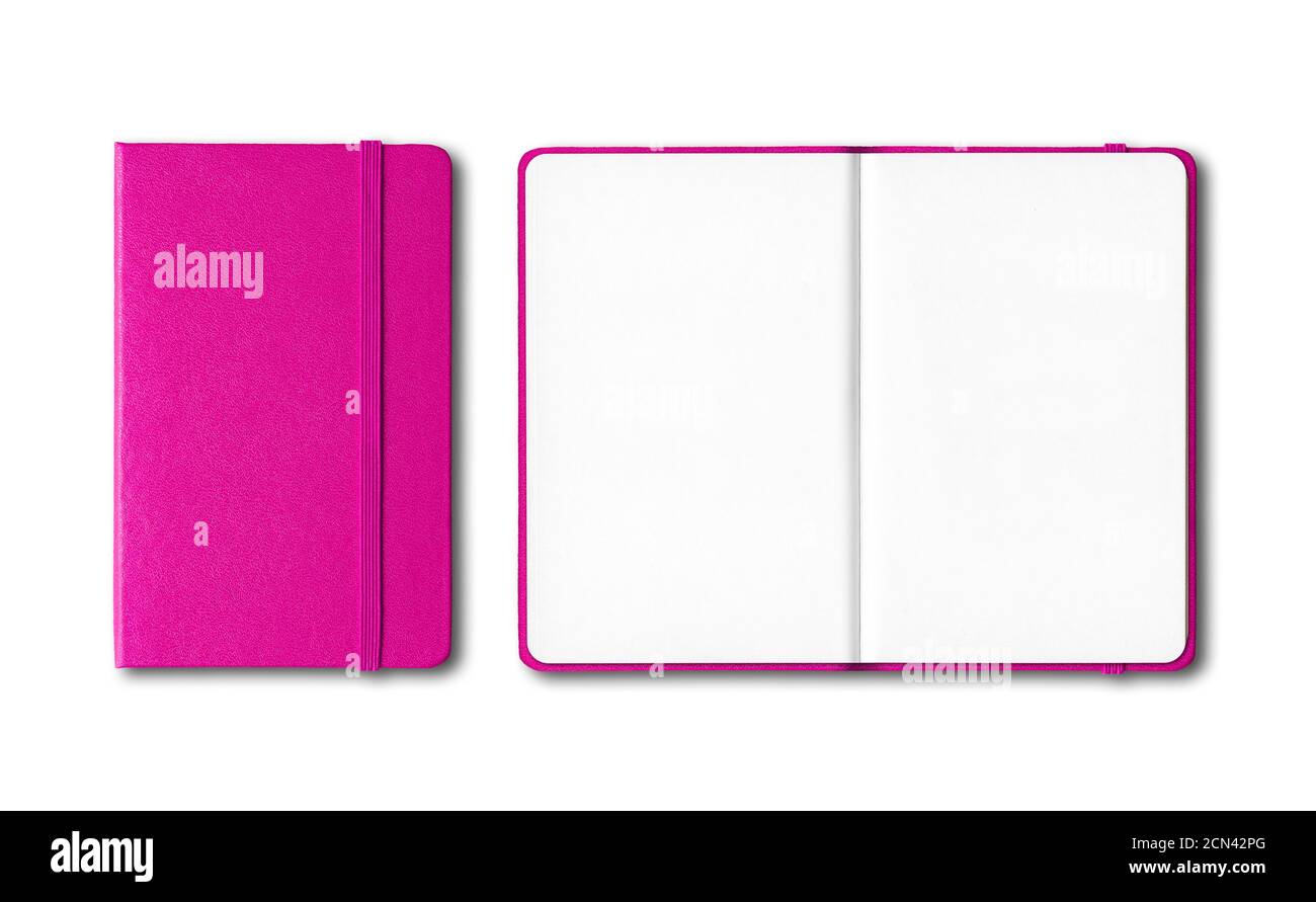 Pink closed and open notebooks isolated on white Stock Photo