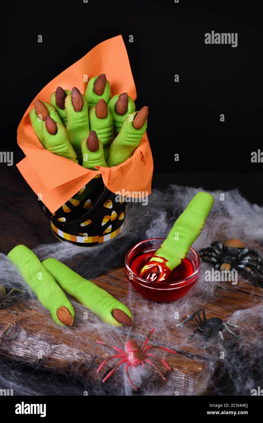 Witches Finger cookies made of shortcrust pastry with almond fingernail. Ideally for a Happy Hallowe Stock Photo