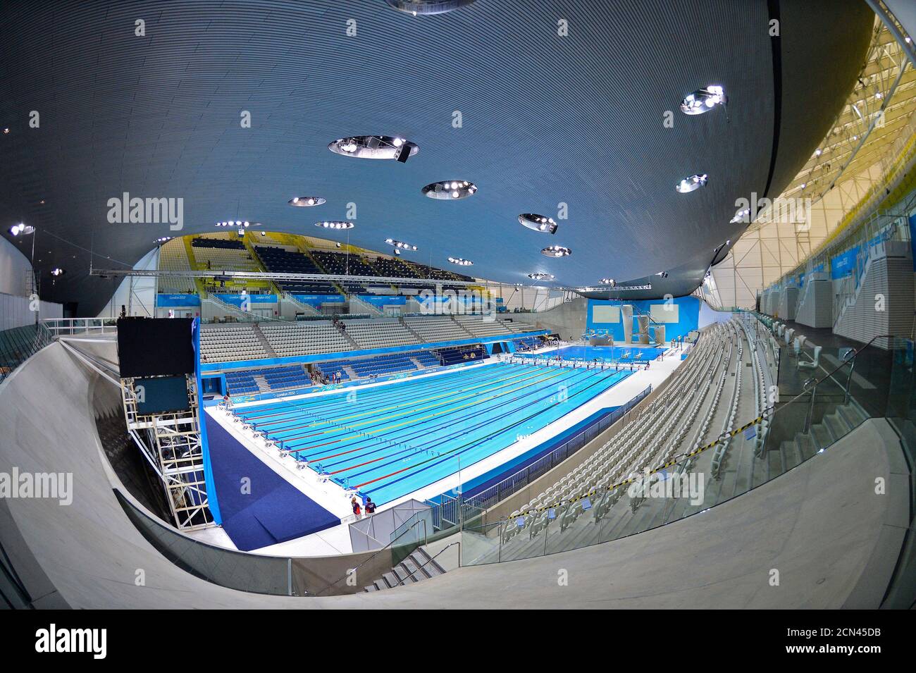 A general view is seen of the Aquatics Centre at the Olympic Park in Stratford, the location of the London 2012 Olympic Games, in east London July 19, 2012. REUTERS/Toby Melville (BRITAIN - Tags: SPORT SWIMMING OLYMPICS) Stock Photo