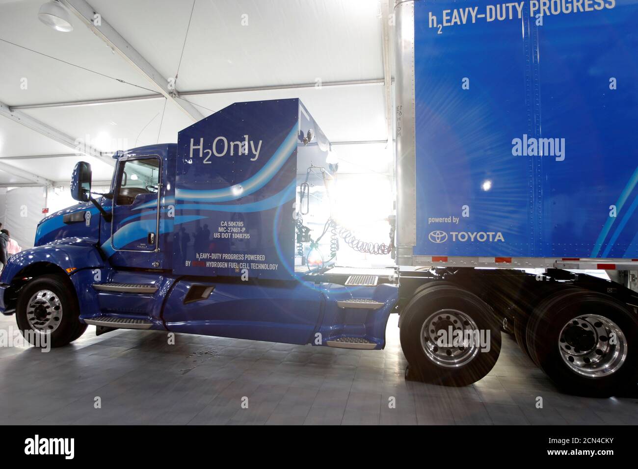 A prototype hydrogen powered fuel cell semitruck is shown by Toyota at