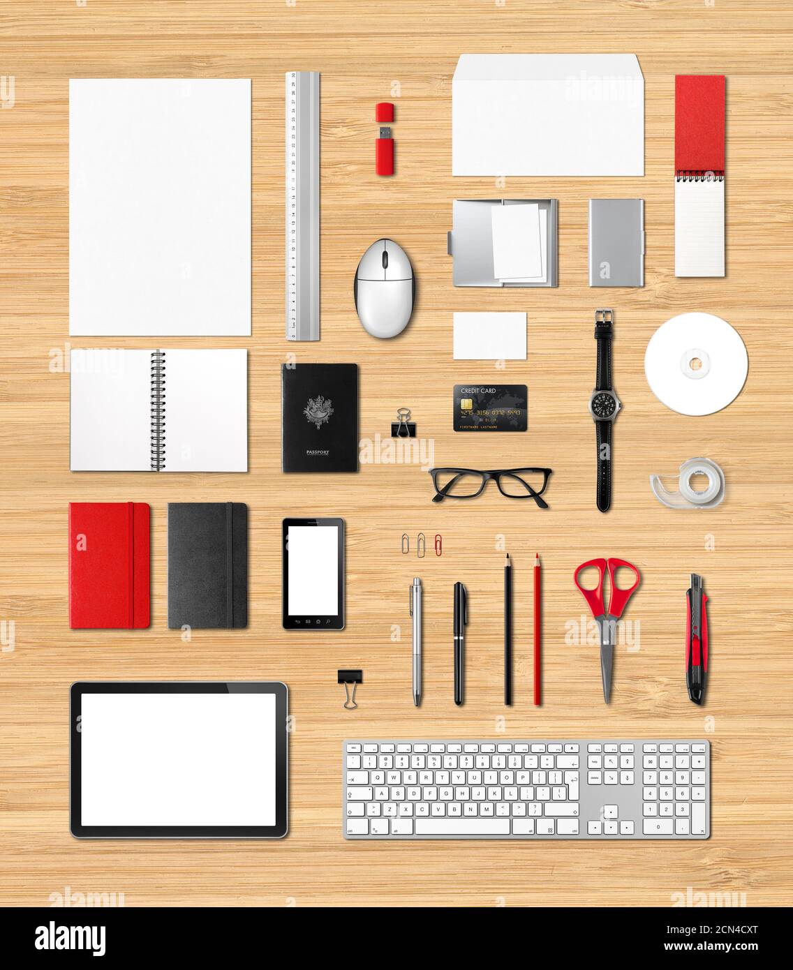 Office supplies mockup template, wooden background Stock Photo