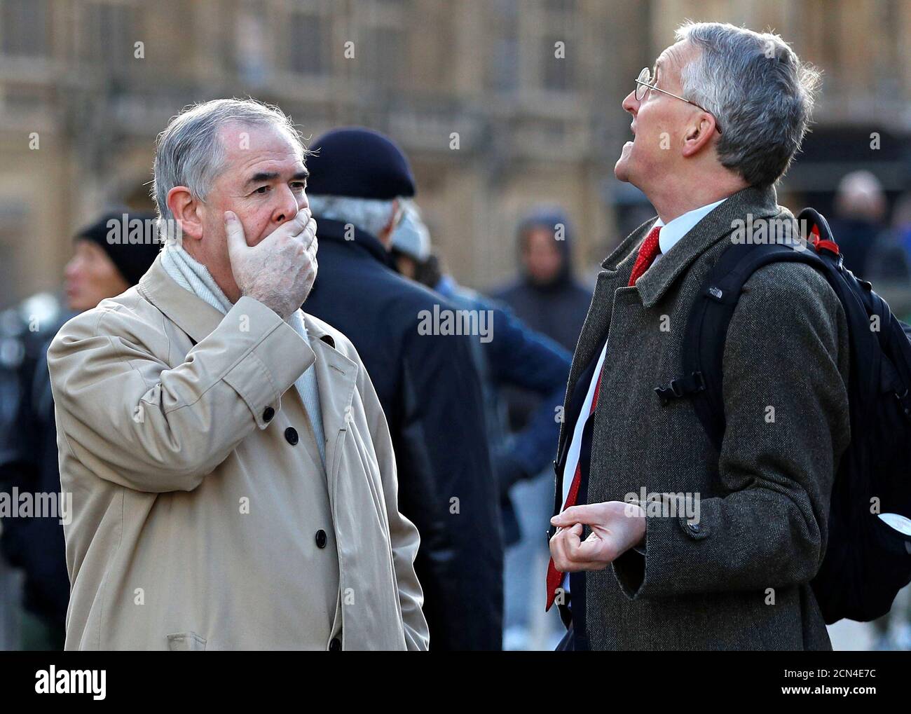 Britain's Attorney General Geoffrey Cox talks to Chair of the Exiting the European Union Select Committee Labour MP Hilary Benn outside the Palace of Westminster in London, Britain, December 11, 2018. REUTERS/Peter Nicholls Stock Photo