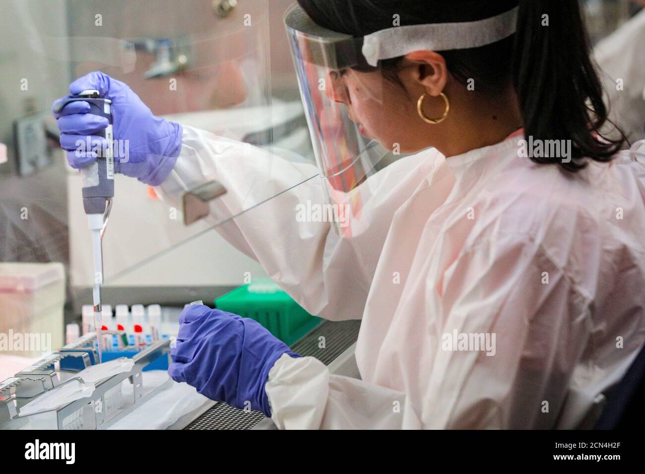 Scientists work in a lab testing COVID-19 samples at New York City's health department, during the outbreak of the coronavirus disease (COVID-19) in New York City, New York U.S., April 23, 2020. Picture taken April 23, 2020. REUTERS/Brendan McDermid Stock Photo