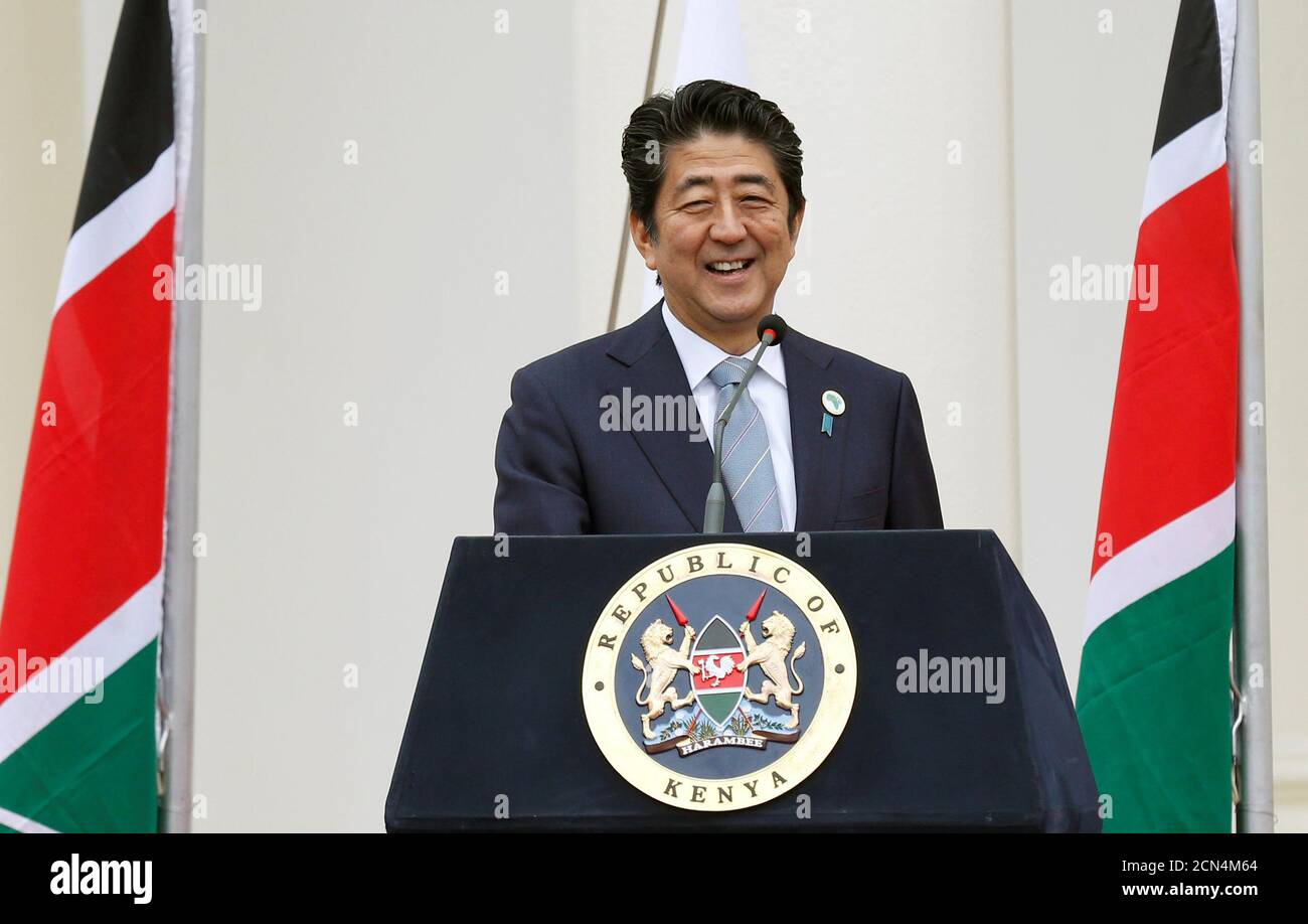Japan's Prime Minister Shinzo Abe addresses a news conference ahead of the Sixth Tokyo International Conference on African Development (TICAD VI), at State House in Kenya's capital Nairobi, August 26, 2016. REUTERS/Thomas Mukoya Stock Photo