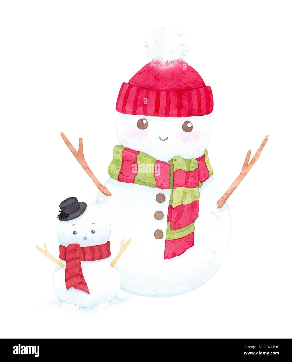 Cute Christmas snowmen wearing hat and scarf on white background ...