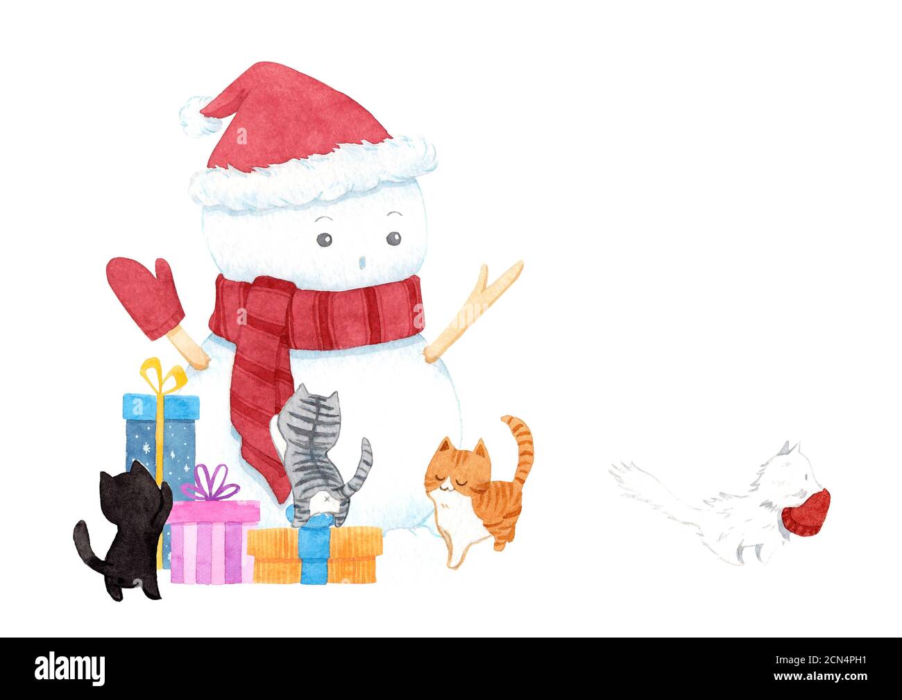 Cute christmas snowman wearing hat and scarf and cat on white ...