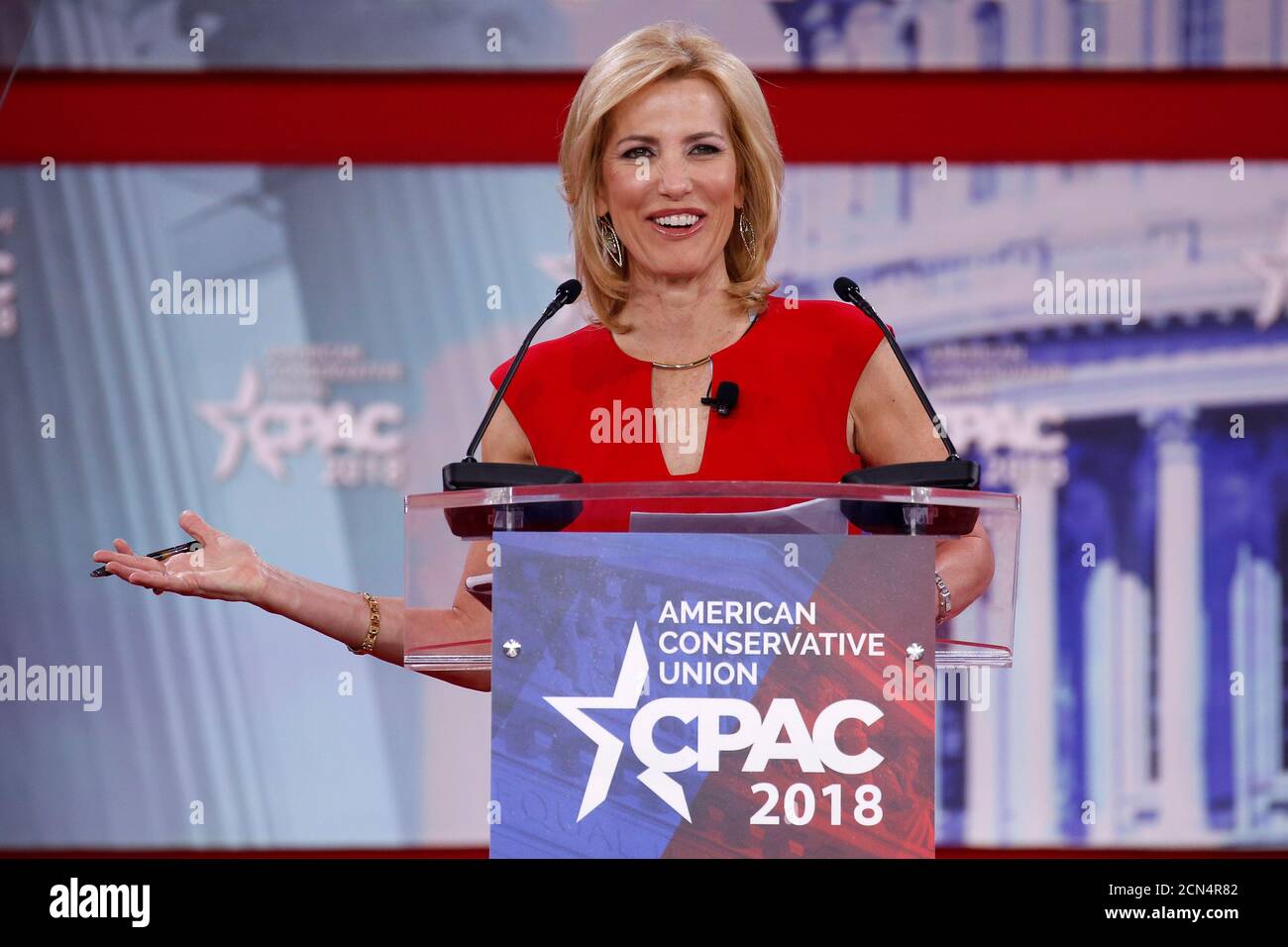 Fox News commentator Laura Ingraham speaks at the Conservative Political Action Conference (CPAC) at National Harbor, Maryland, U.S., February 23, 2018.      REUTERS/Joshua Roberts Stock Photo