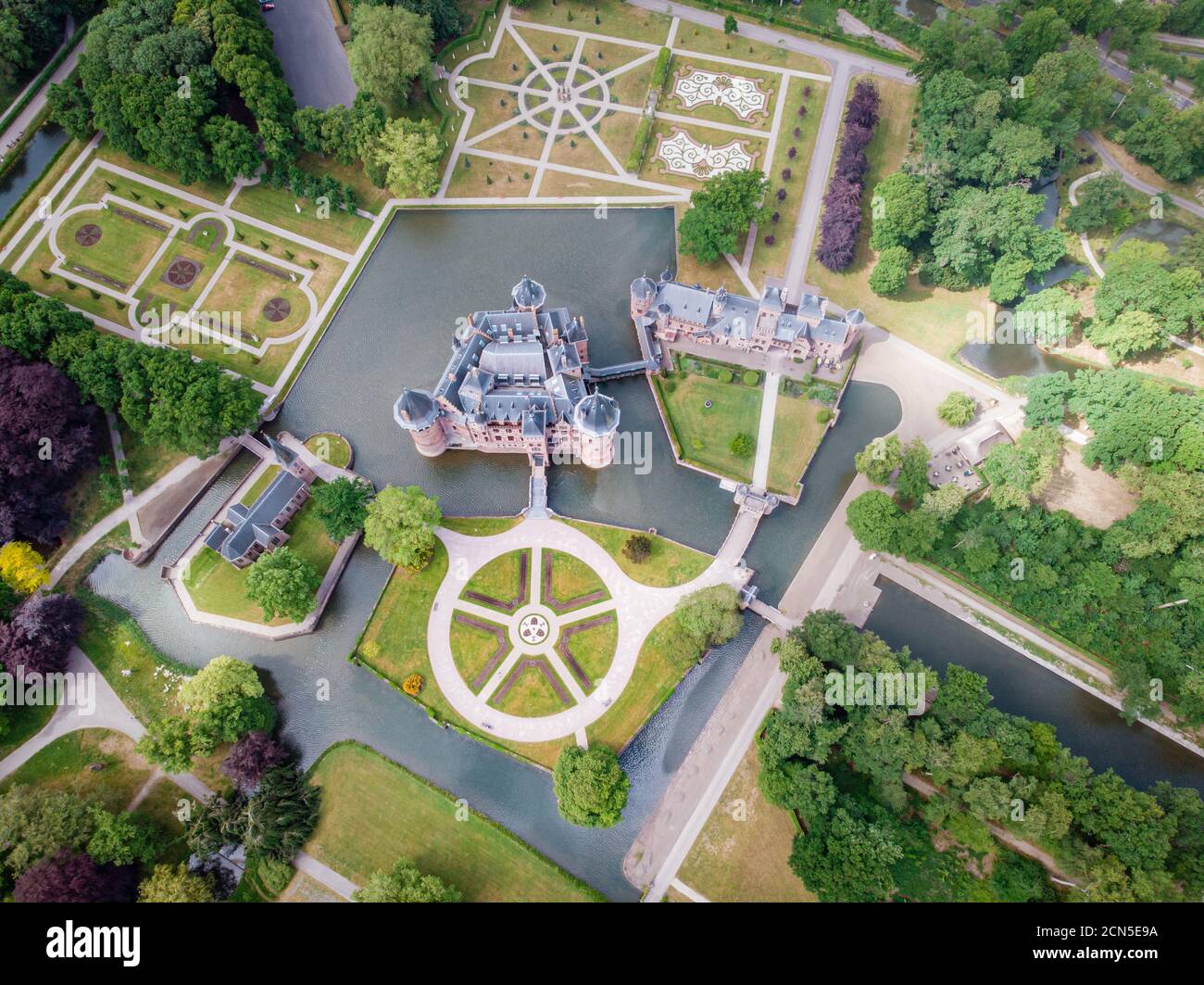 public garden at old historical Castle de Haar Netherlands Utrecht on a bright summer day,Aerial from the castle 'De Haar' in th Stock Photo